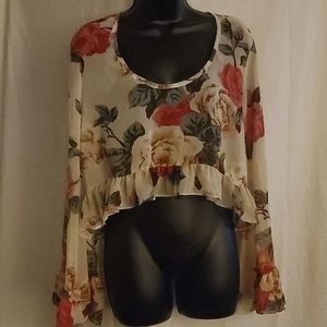 Ladies sheer floral Mumu long sleeve ruffle crop top